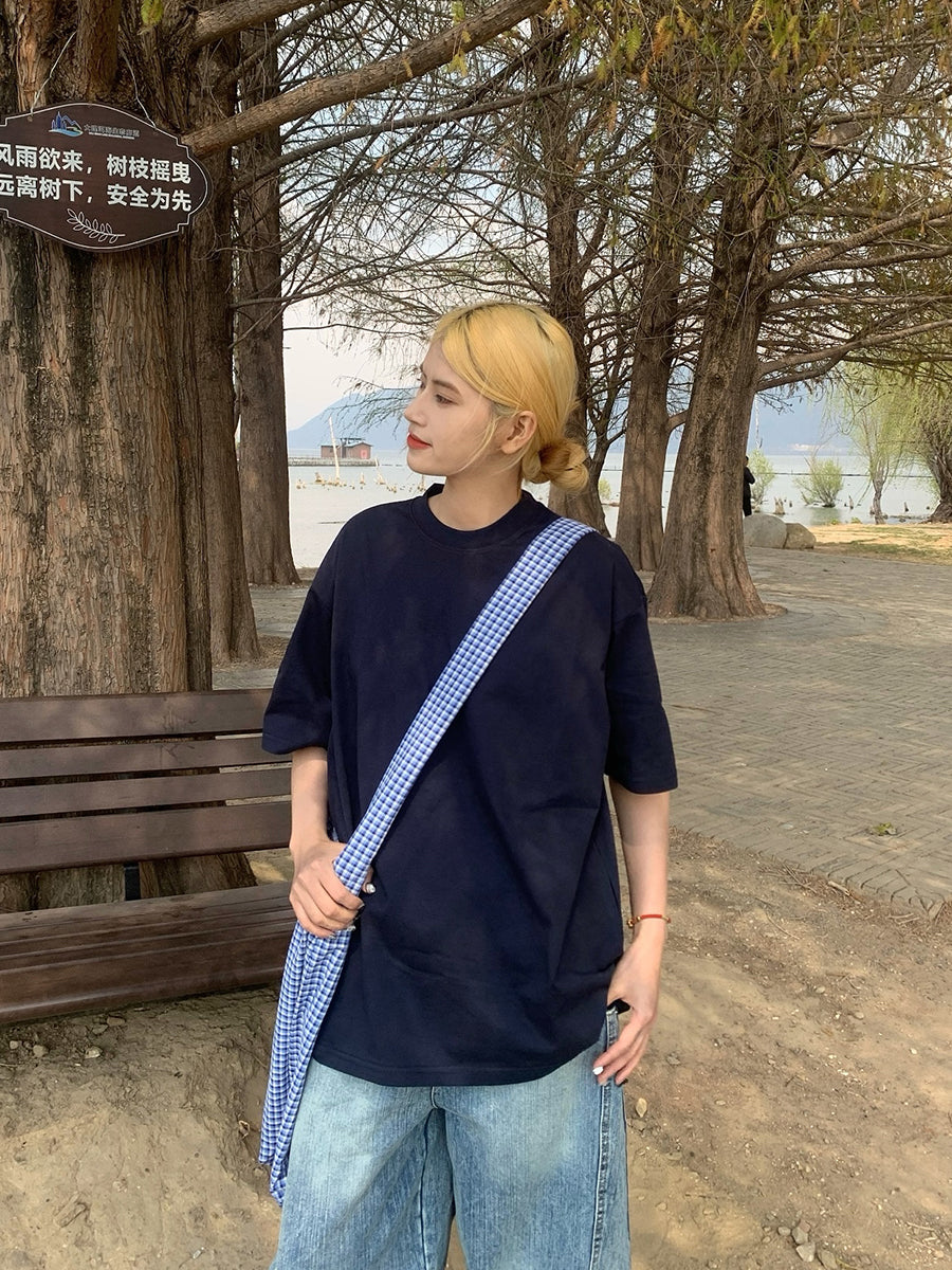 ベーシックラウンドネック半袖ルーズTシャツユニセックスカジュアル体型カバー N457