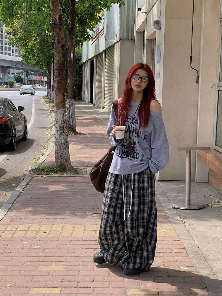 チェック柄ワイドレッグパンツ N424