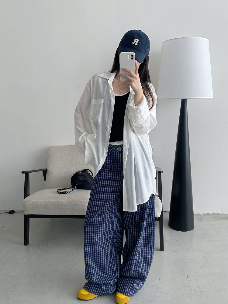 チェック柄ハイウエストワイドパンツ N466