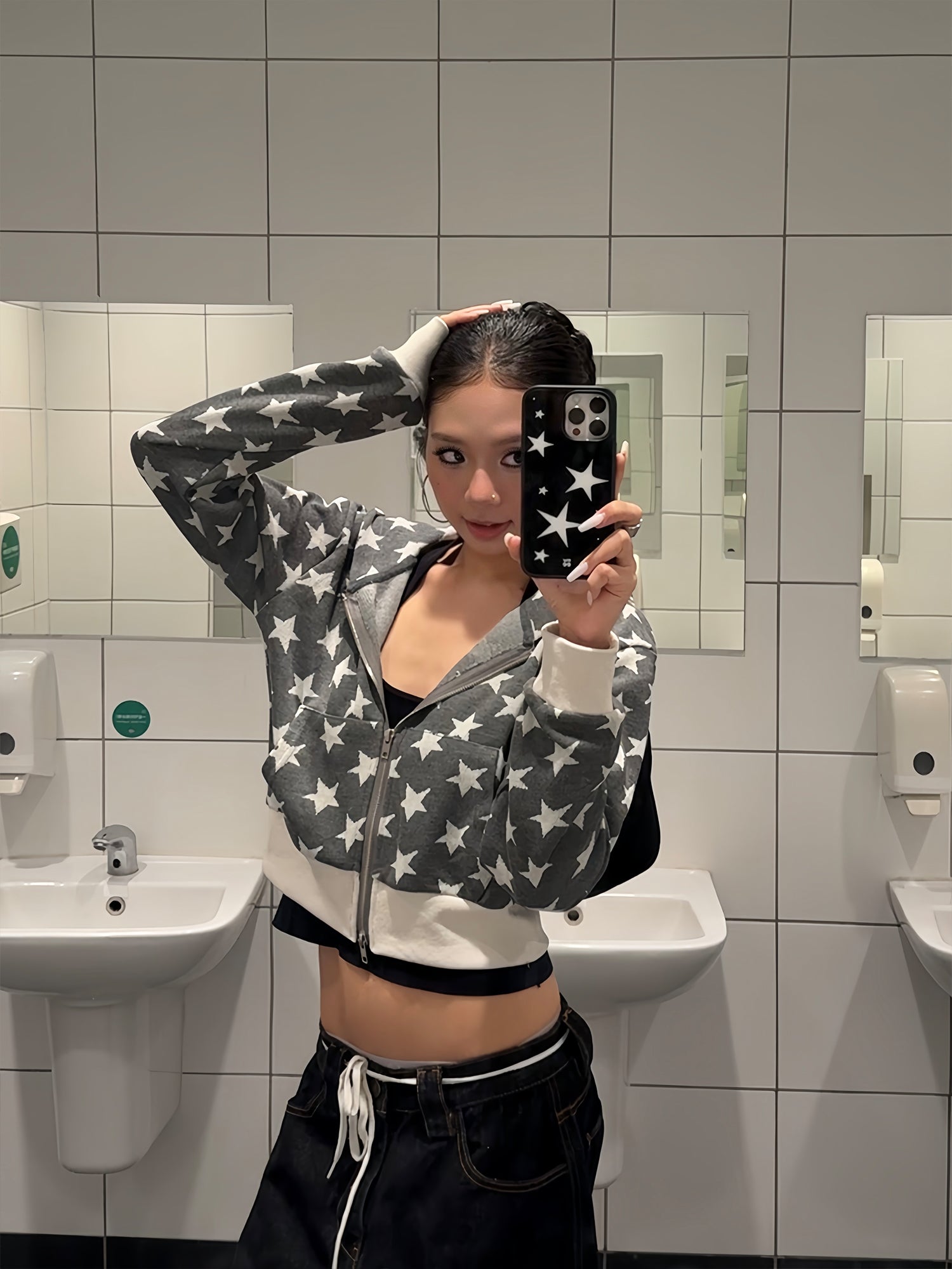 スター柄ショート丈ジッパーパーカー N536