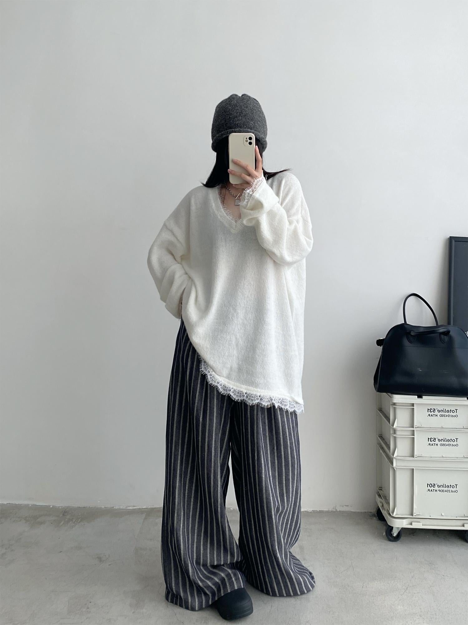 レーストリムVネックふわモヘアニット    N863