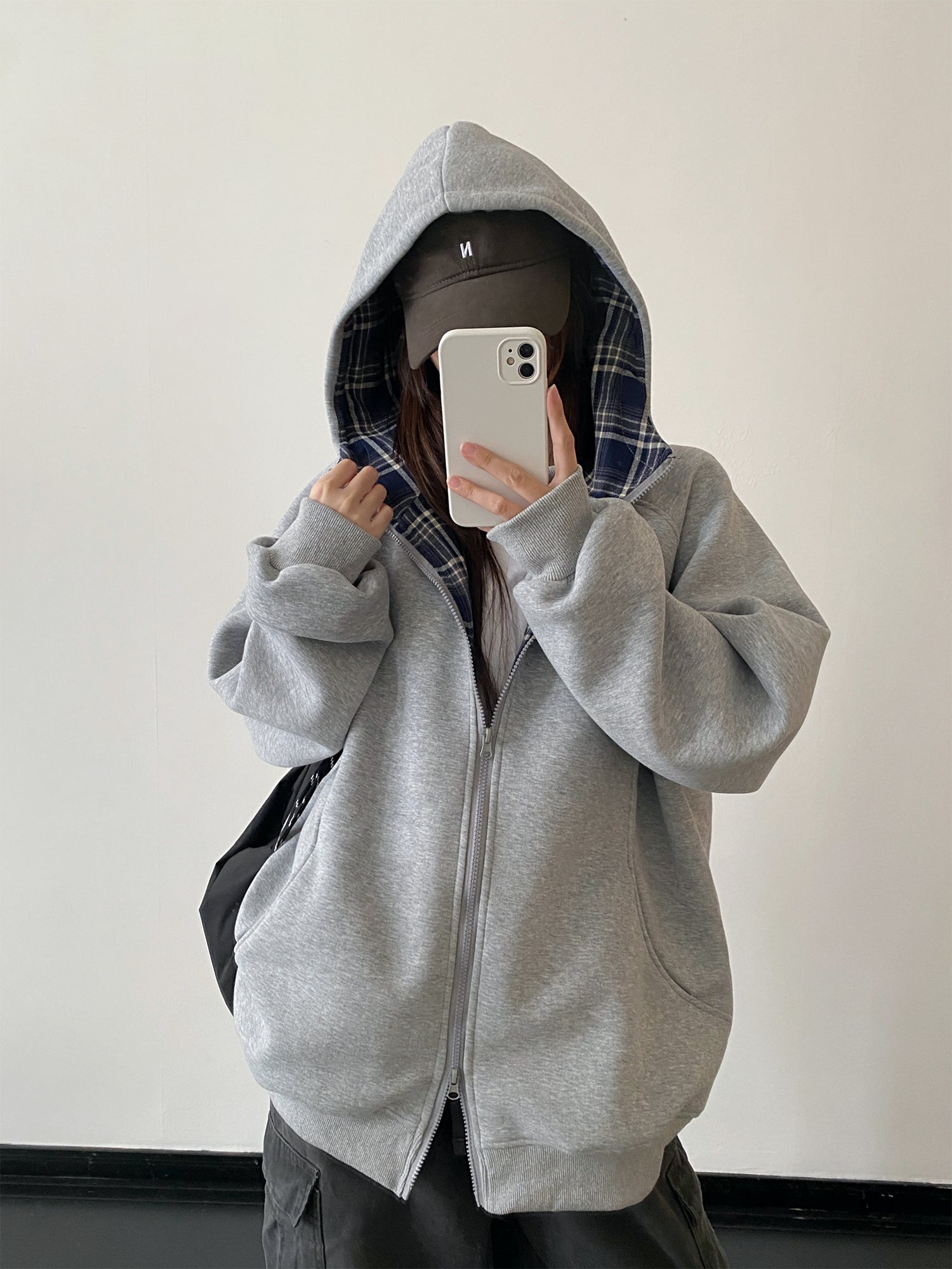 チェック柄長袖パーカー N574