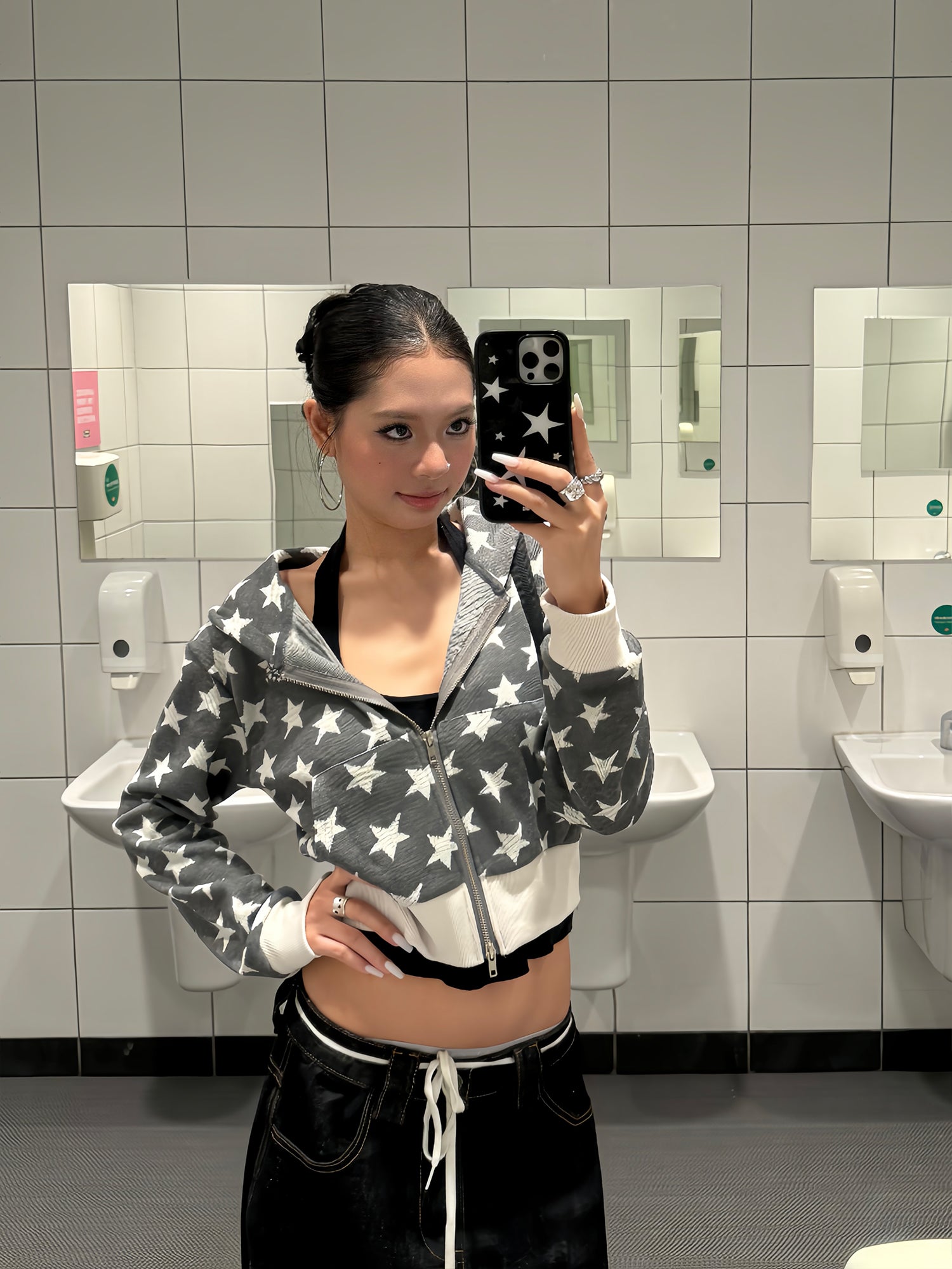 スター柄ショート丈ジッパーパーカー N536