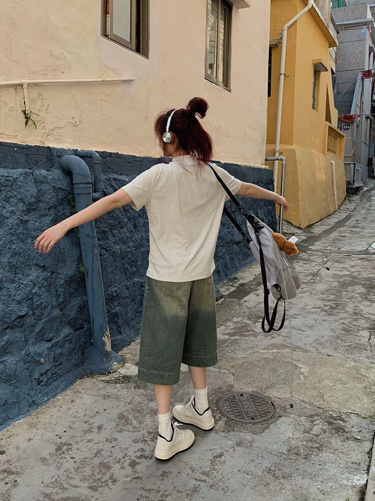 ミドル丈ワイドデニムハーフパンツ N479