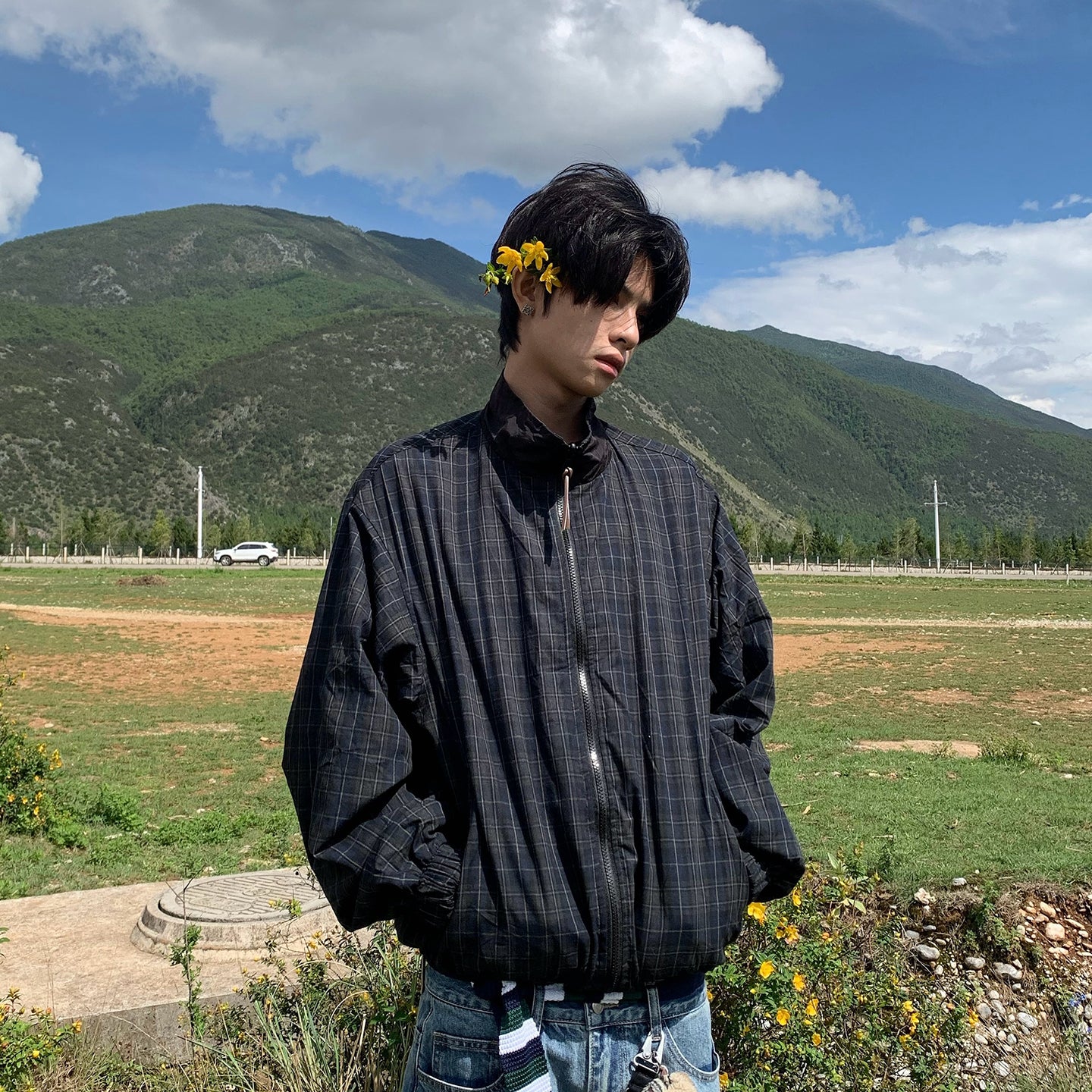 スタンドカラーチェック柄ジャケット N553