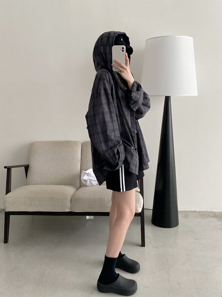 フード付きロングチェックシャツ N604