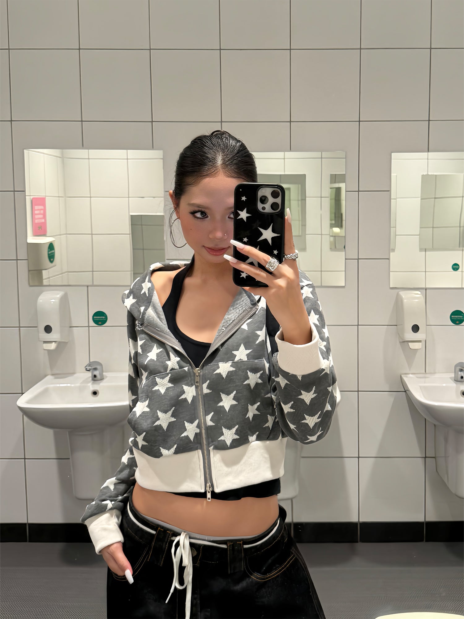 スター柄ショート丈ジッパーパーカー N536