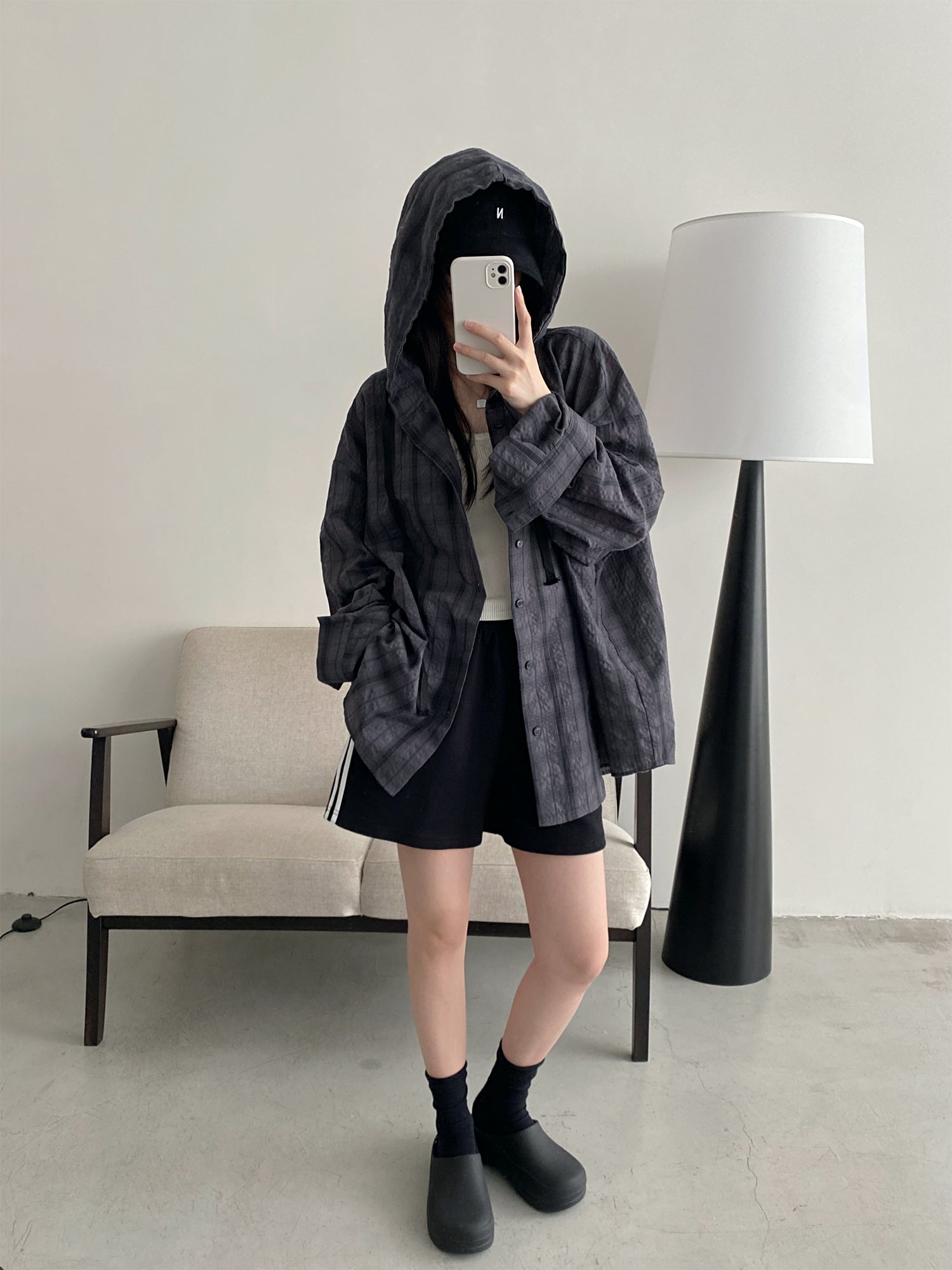 フード付きロングチェックシャツ N604