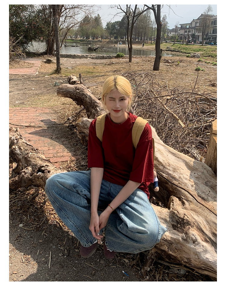 ベーシックラウンドネック半袖ルーズTシャツユニセックスカジュアル体型カバー N457