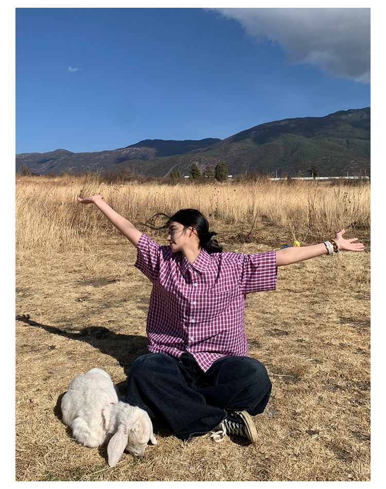 チェック柄半袖Tシャツ N433