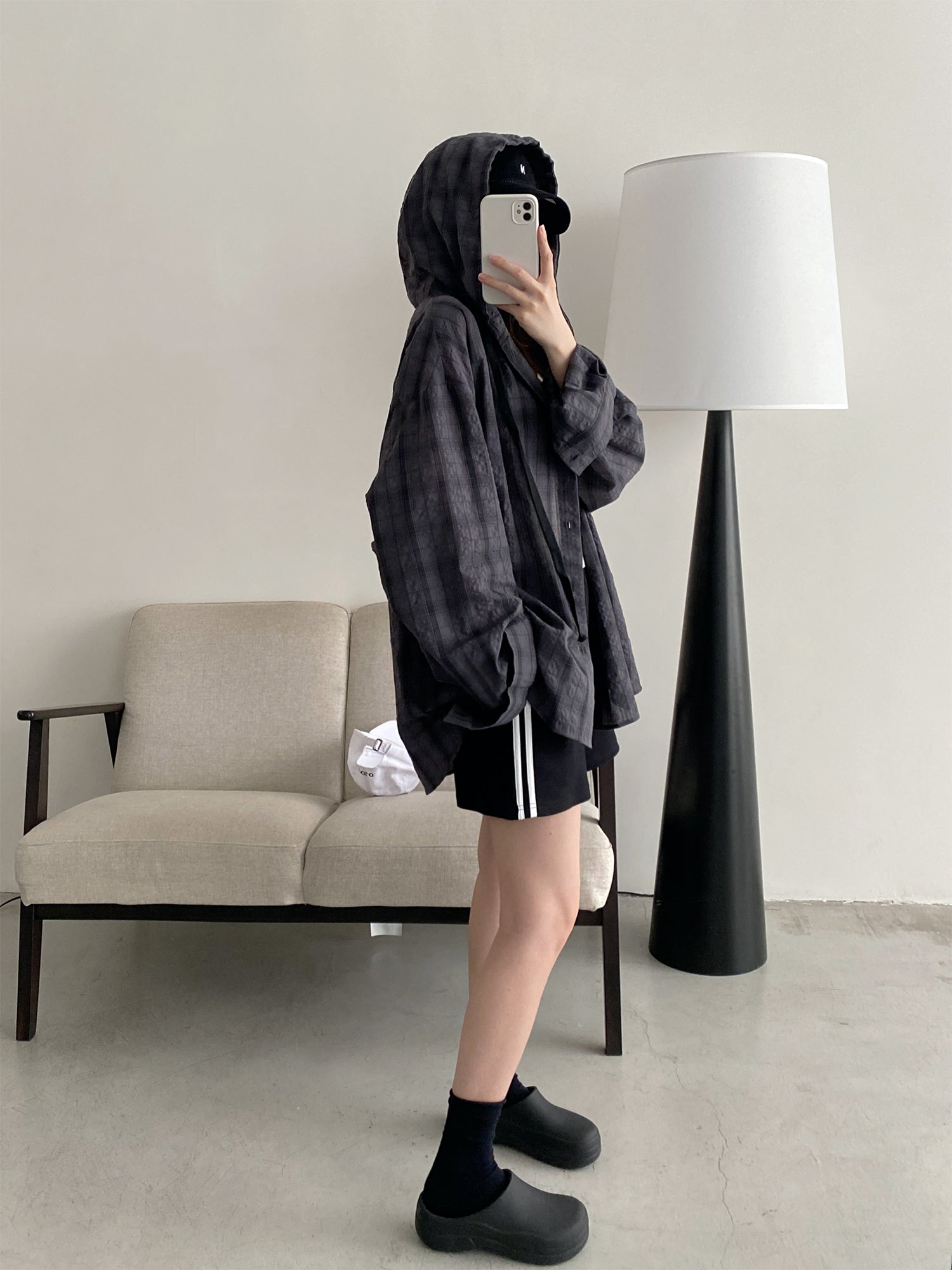 フード付きロングチェックシャツ N604