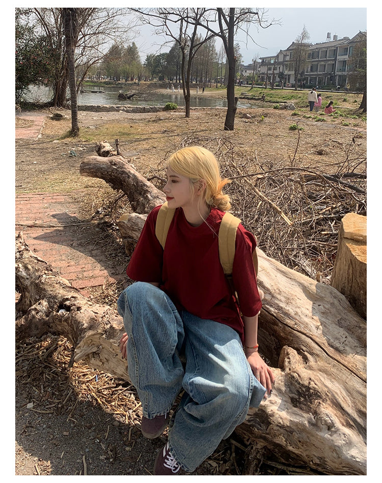 ベーシックラウンドネック半袖ルーズTシャツユニセックスカジュアル体型カバー N457