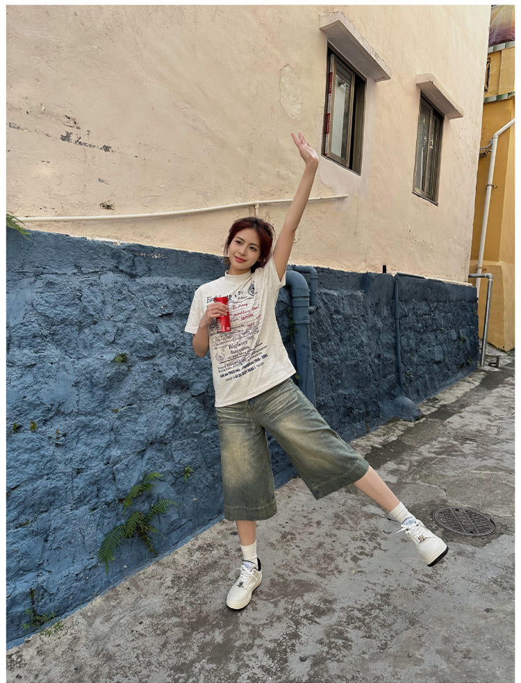 ミドル丈ワイドデニムハーフパンツ N479