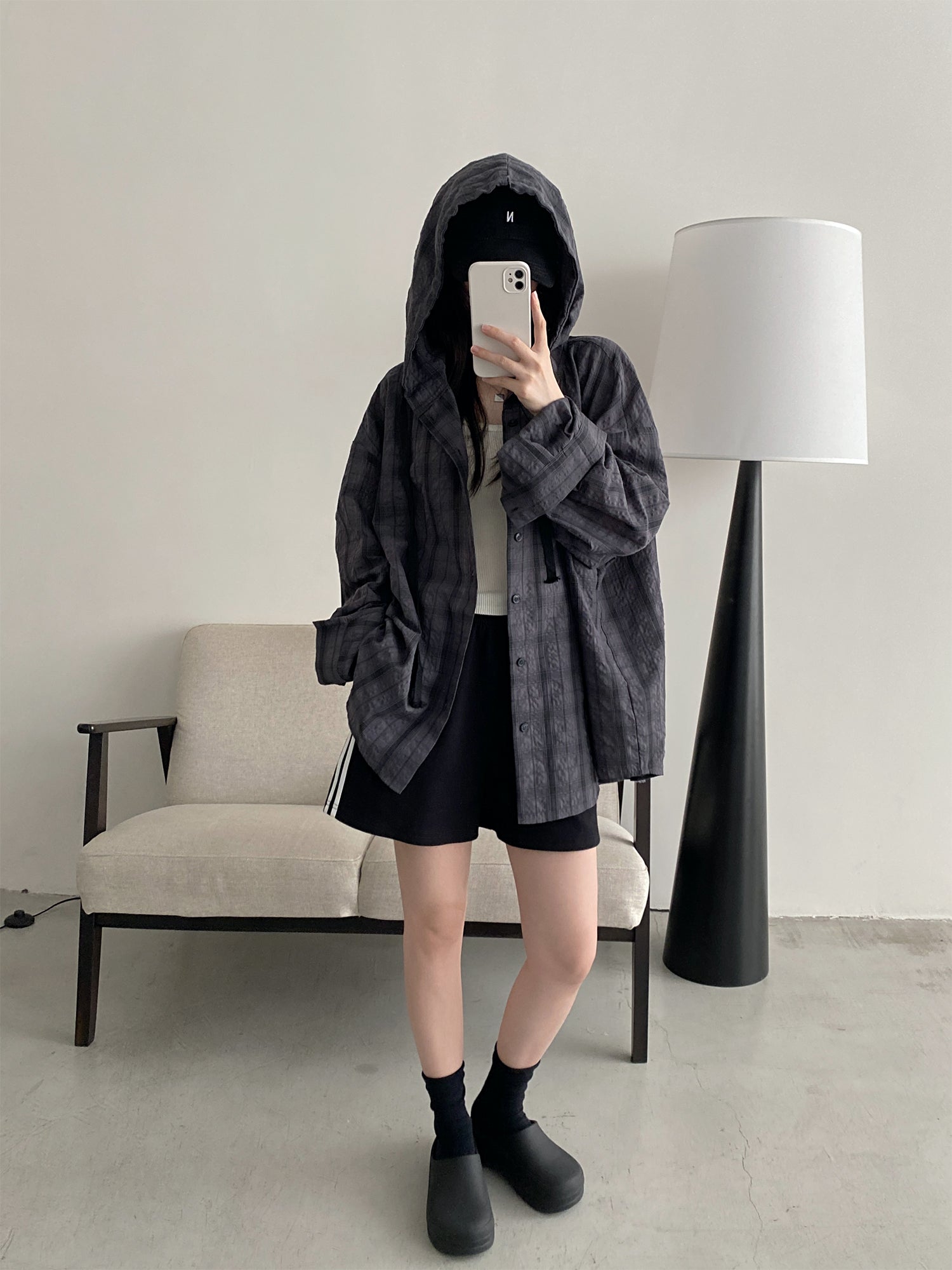 フード付きロングチェックシャツ N604