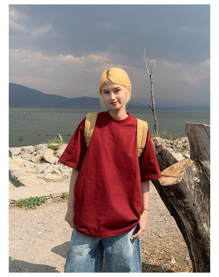 ベーシックラウンドネック半袖ルーズTシャツユニセックスカジュアル体型カバー N457