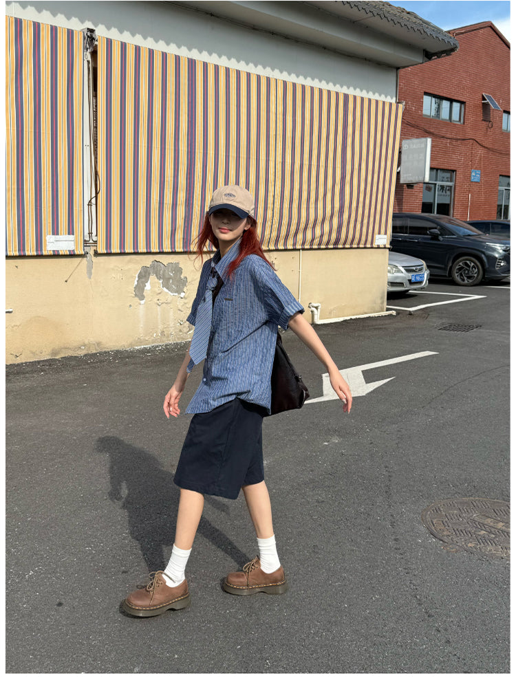 ストライプネクタイ付き半袖シャツ N480