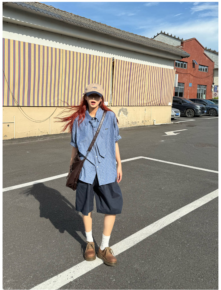 ストライプネクタイ付き半袖シャツ N480