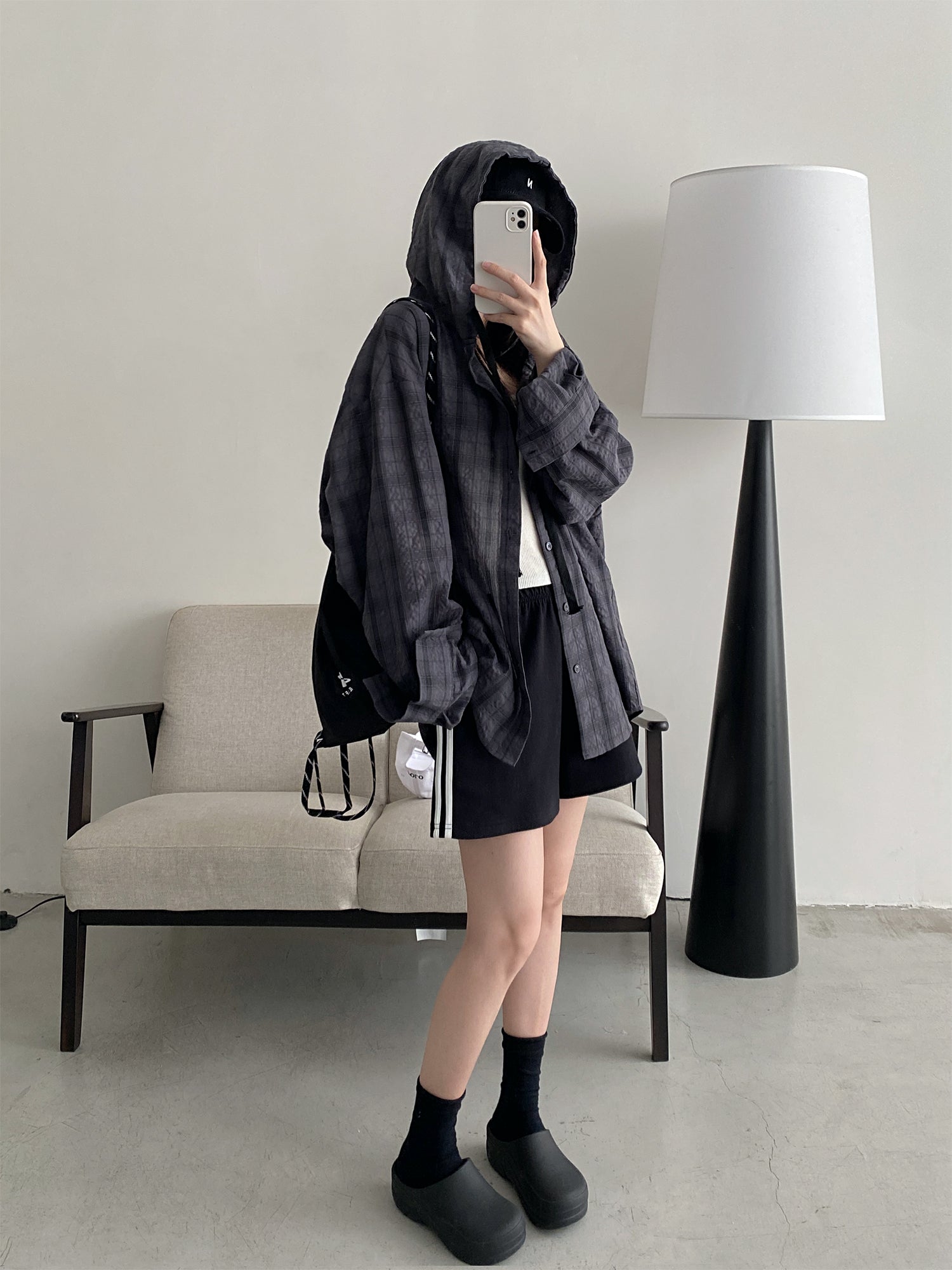 フード付きロングチェックシャツ N604