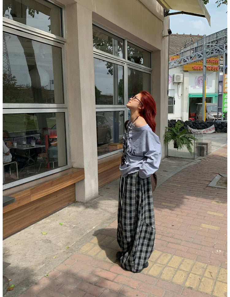 チェック柄ワイドレッグパンツ N424