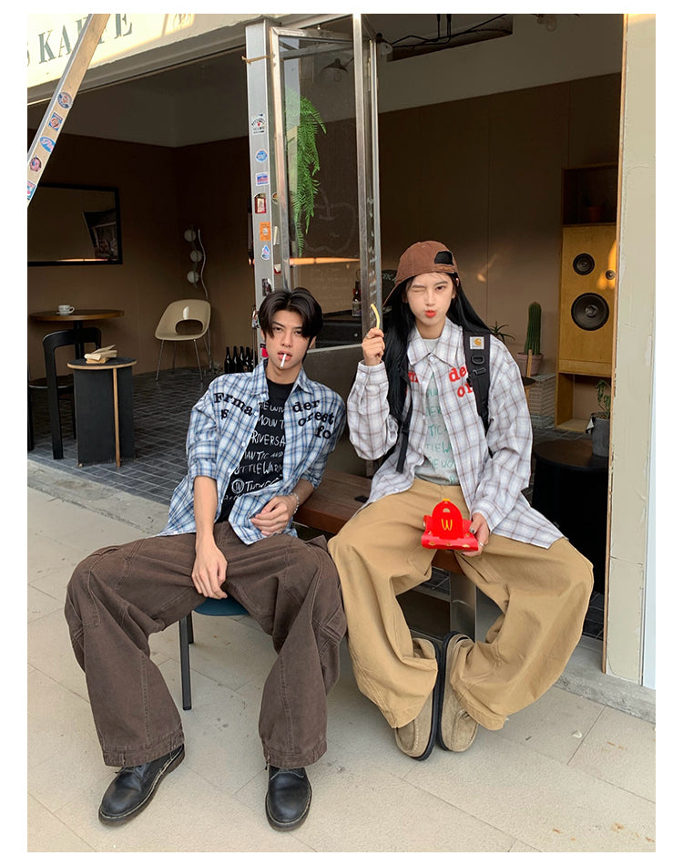 チェック柄レトロシャツユニセックス長袖 N460