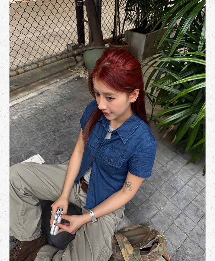 クロップド丈 半袖ウエスタンデニムシャツ N506