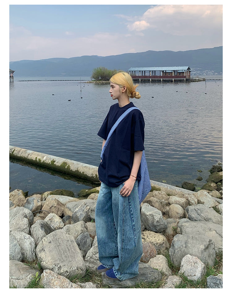 ベーシックラウンドネック半袖ルーズTシャツユニセックスカジュアル体型カバー N457