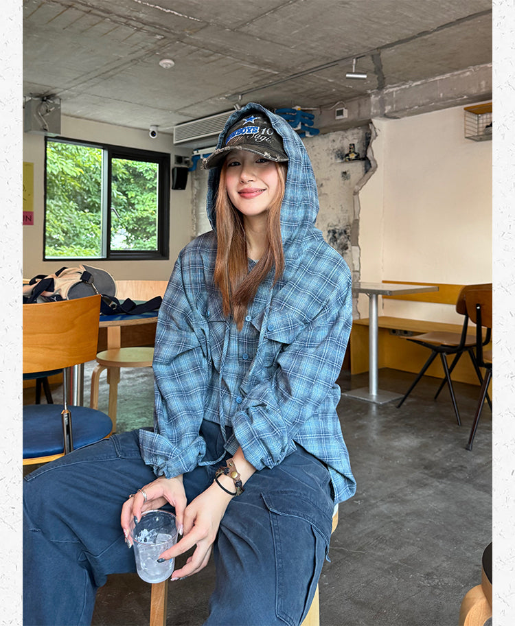 チェック柄フード付き長袖シャツ N543