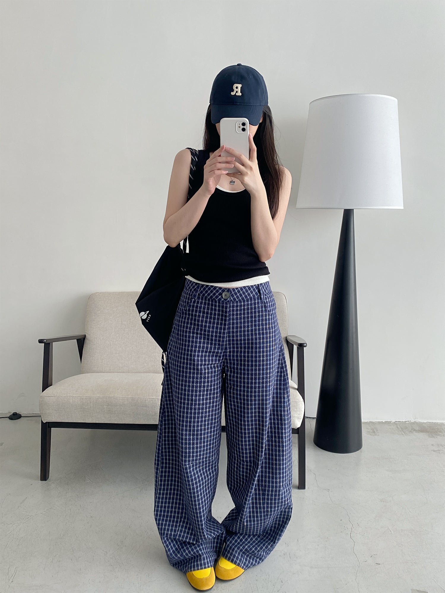 チェック柄ハイウエストワイドパンツ N466