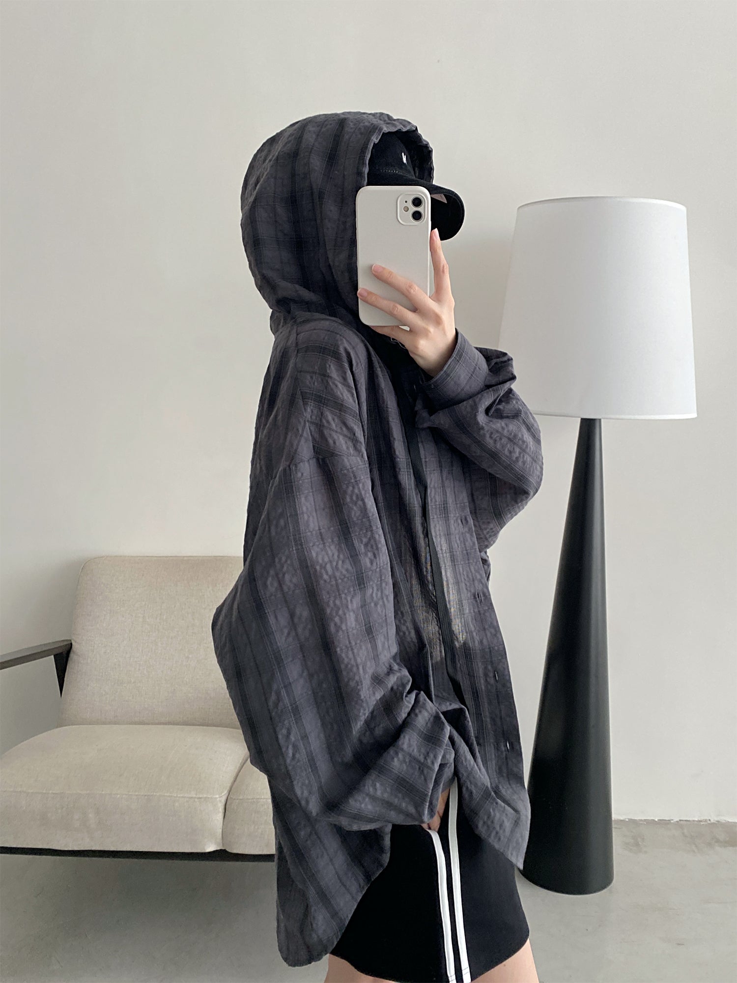 フード付きロングチェックシャツ N604