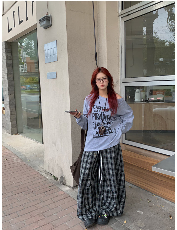 斜め襟デザインレタープリント長袖トップス N425