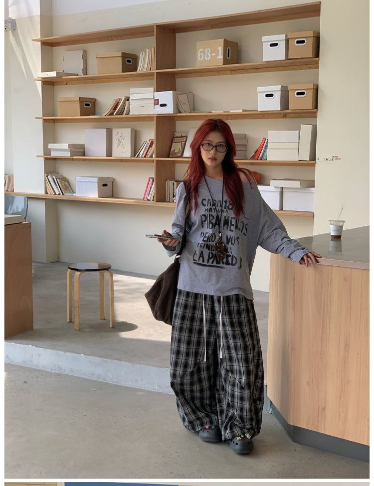 チェック柄ワイドレッグパンツ N424