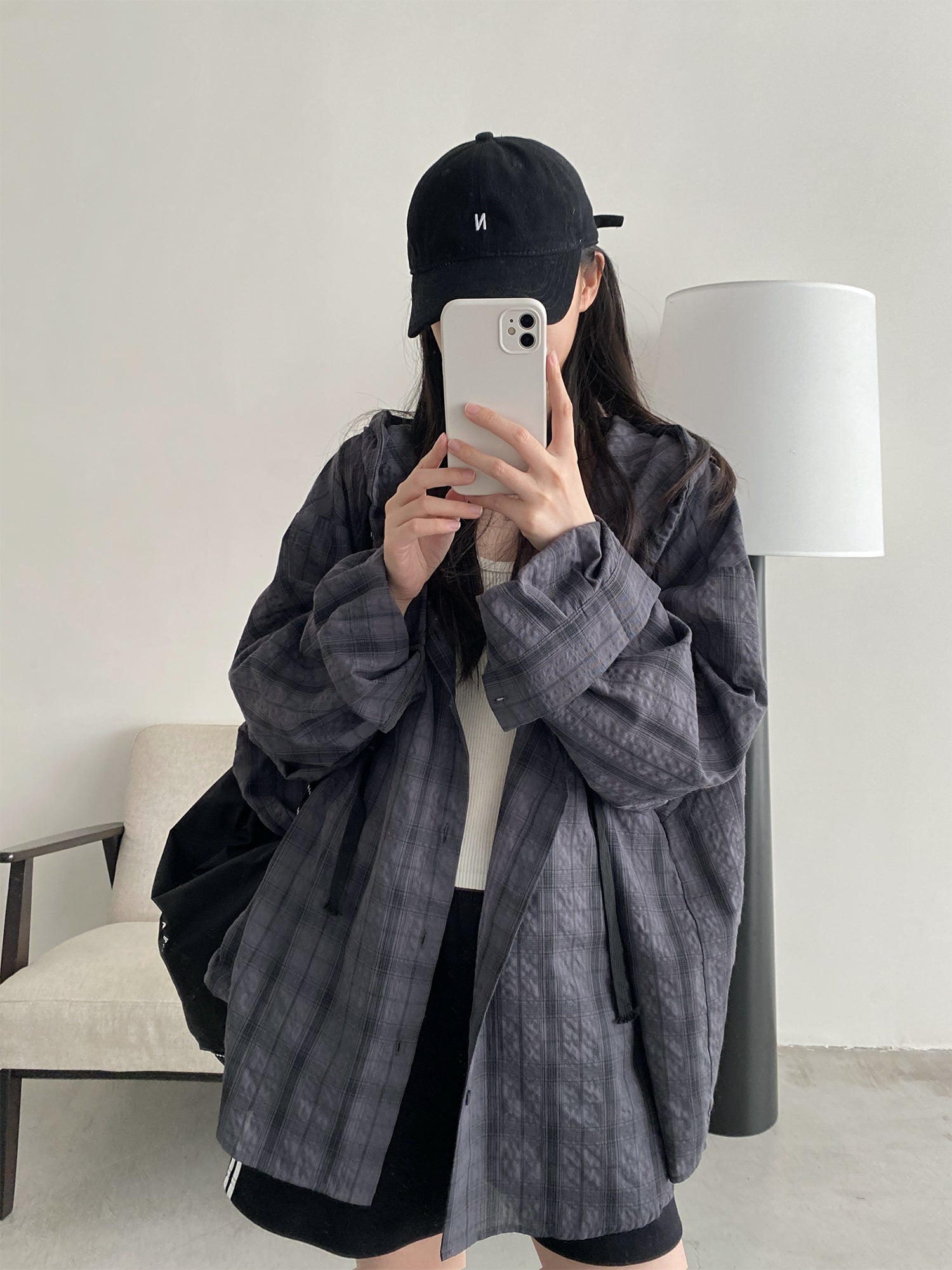 フード付きロングチェックシャツ N604