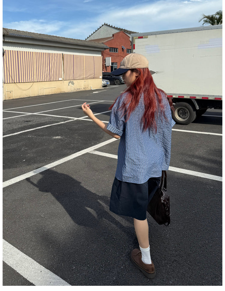 ストライプネクタイ付き半袖シャツ N480