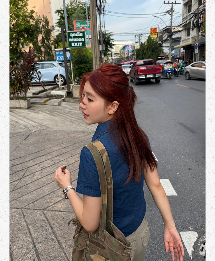 クロップド丈 半袖ウエスタンデニムシャツ N506