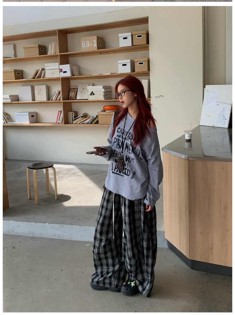 斜め襟デザインレタープリント長袖トップス N425