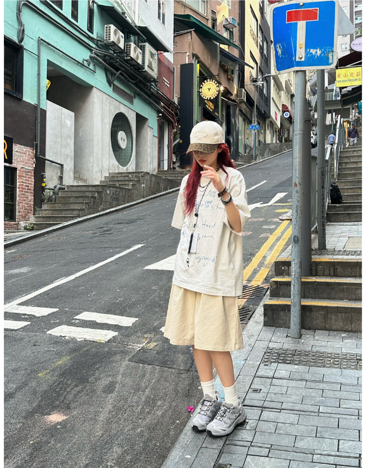 手書き風プリント 半袖Tシャツ リラックスフィット 大人カジュアル N429