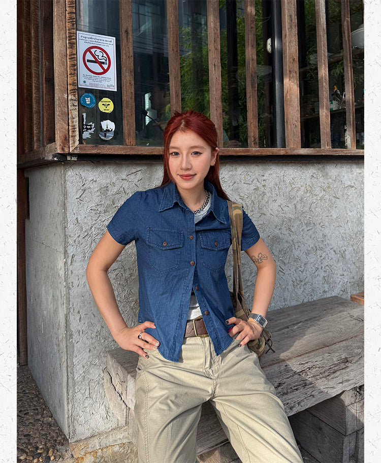 クロップド丈 半袖ウエスタンデニムシャツ N506