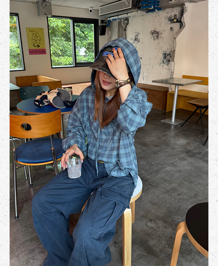 チェック柄フード付き長袖シャツ N543