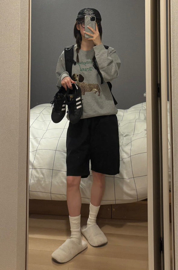 【NoKnow original】ダックスフンドプリントデザインショート丈スウェット