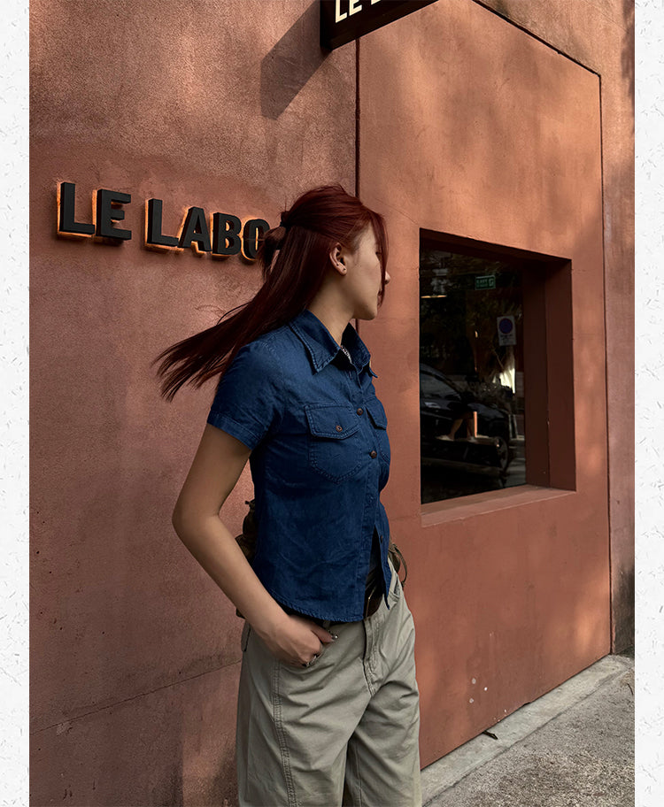 クロップド丈 半袖ウエスタンデニムシャツ N506