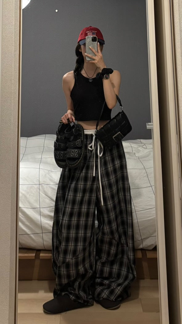 チェック柄ワイドレッグパンツ s0814m-4