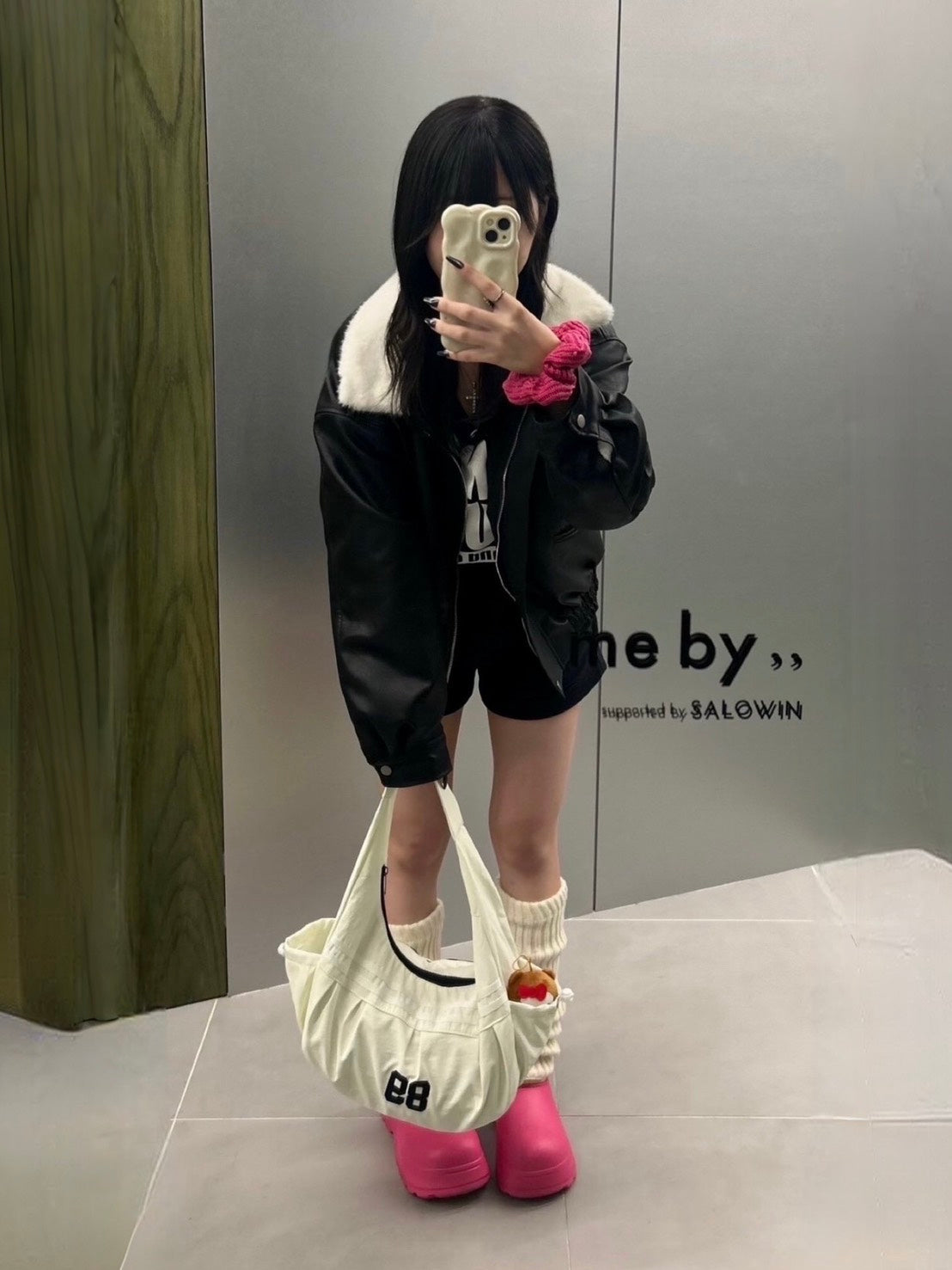 エコレザー×ボア襟モダンショートブルゾン MI-031