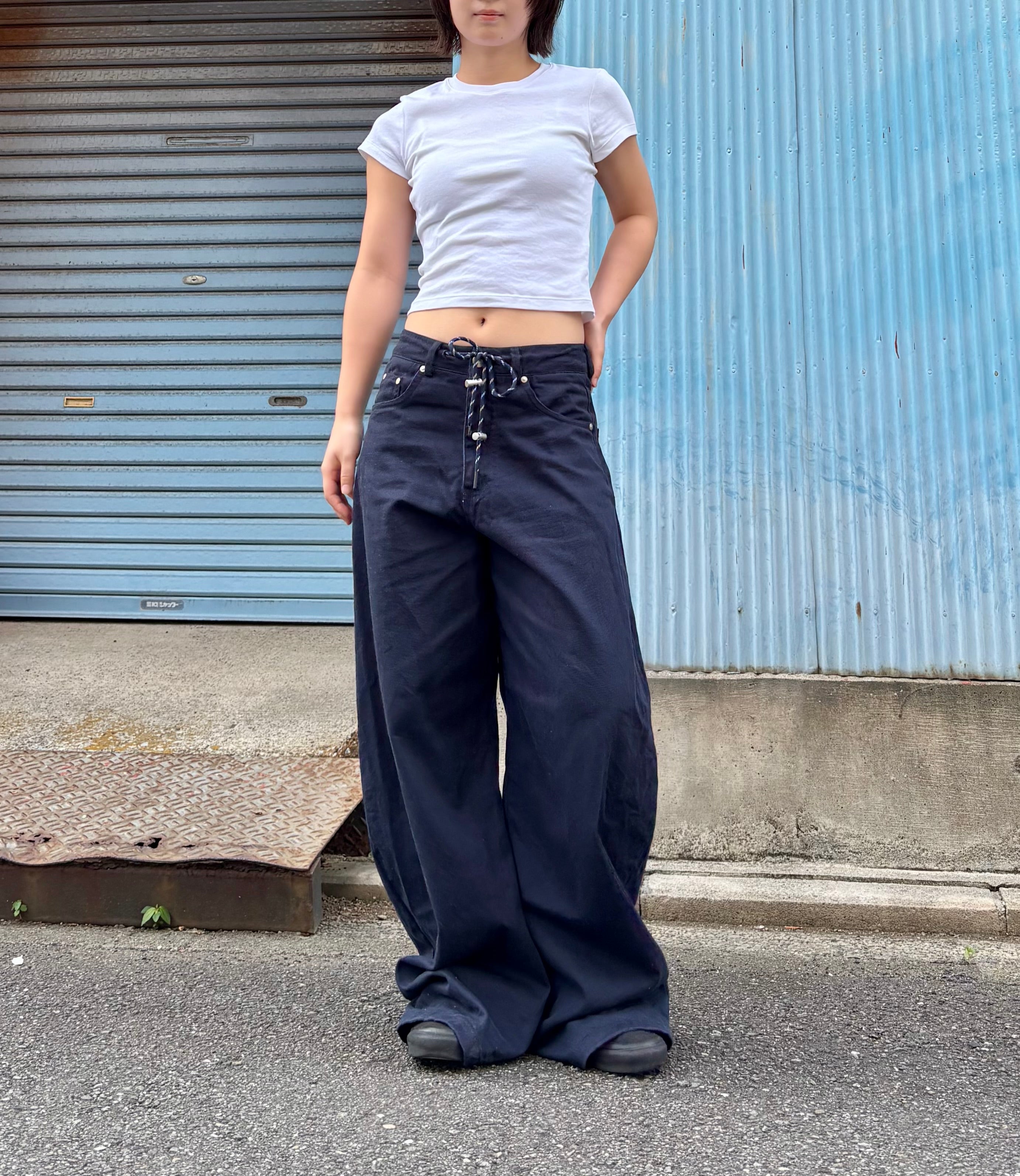 ネイビー・レースアップワイドパンツ KA001