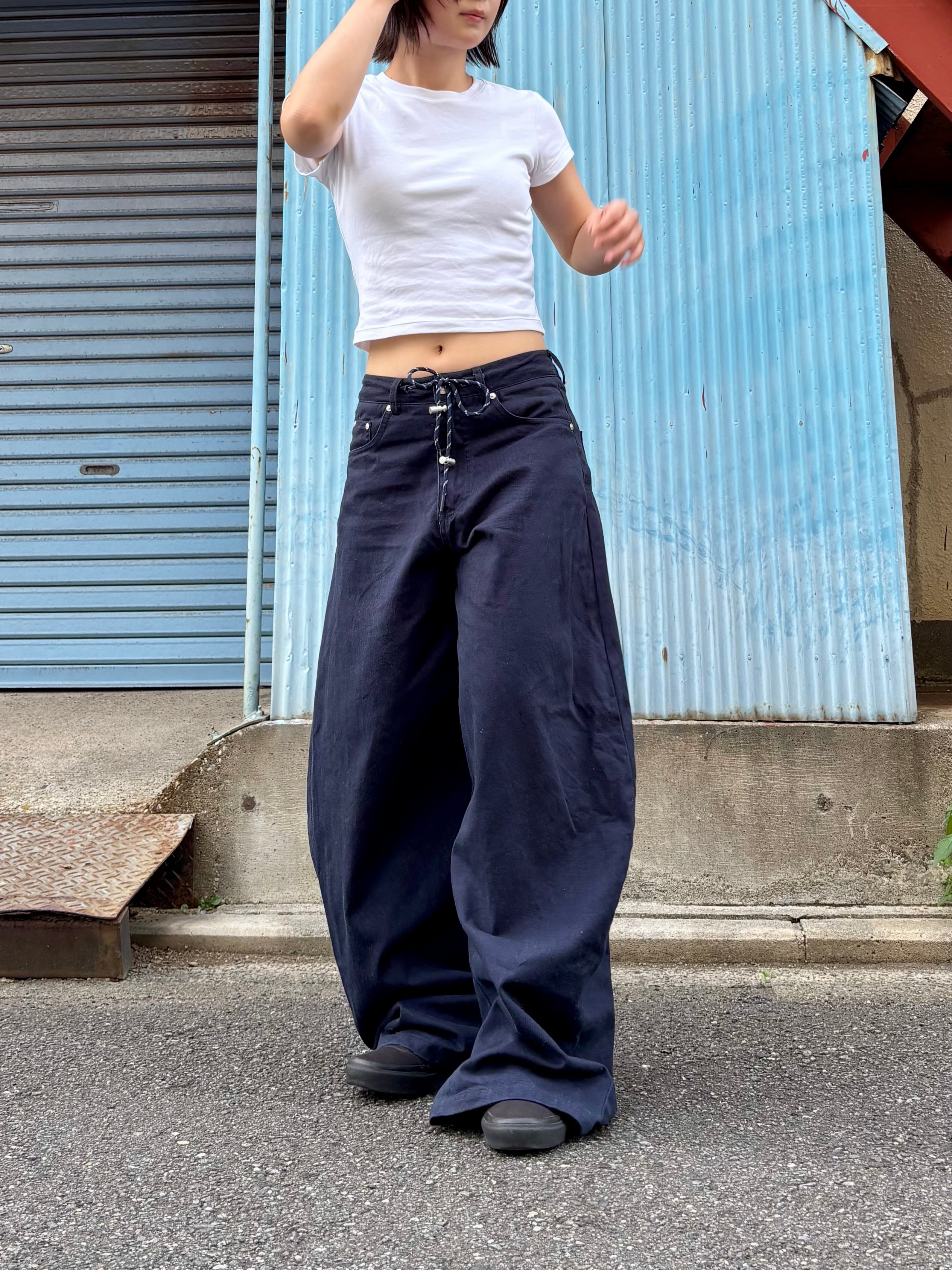 ネイビー・レースアップワイドパンツ KA001