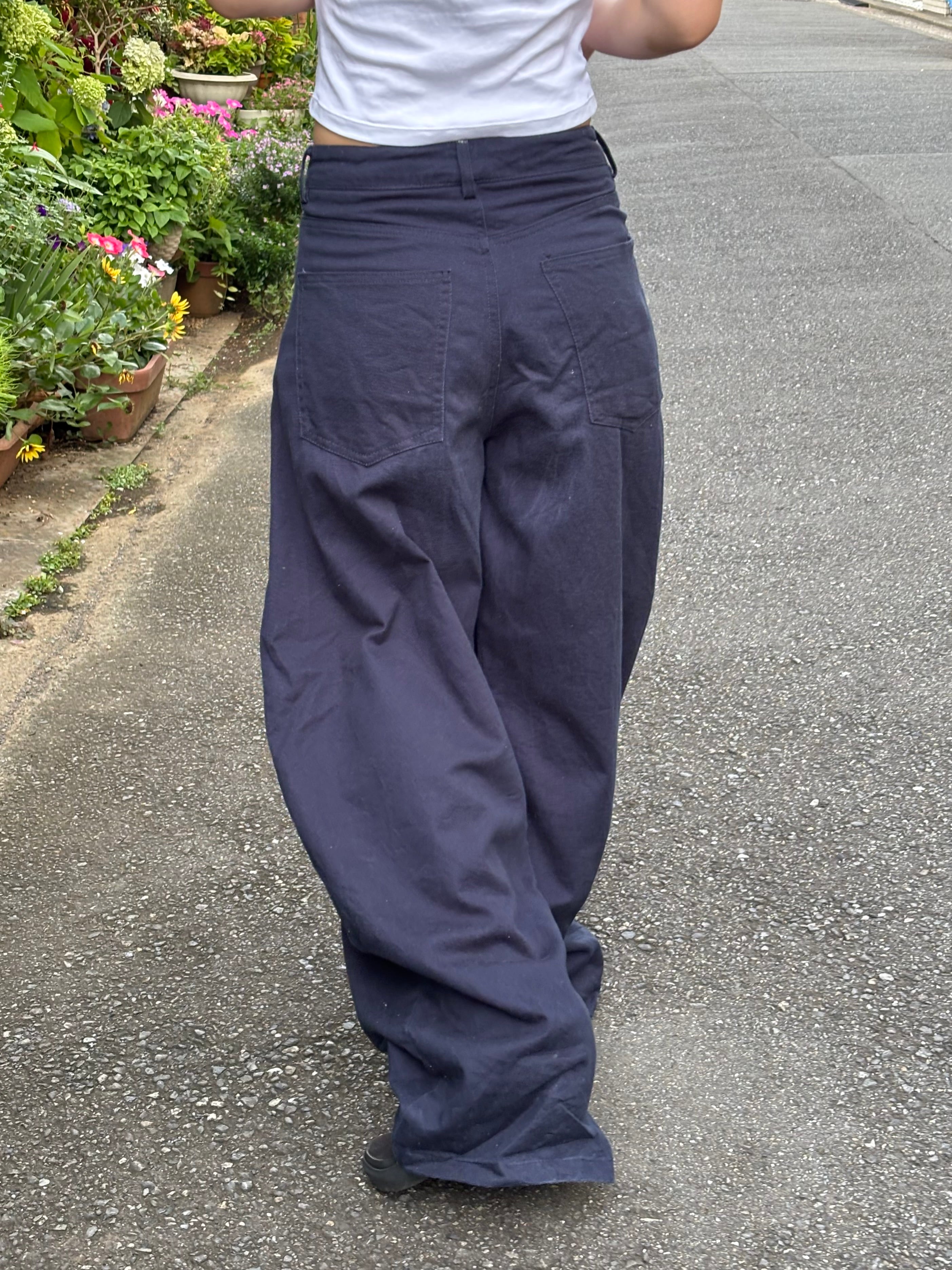 ネイビー・レースアップワイドパンツ KA001