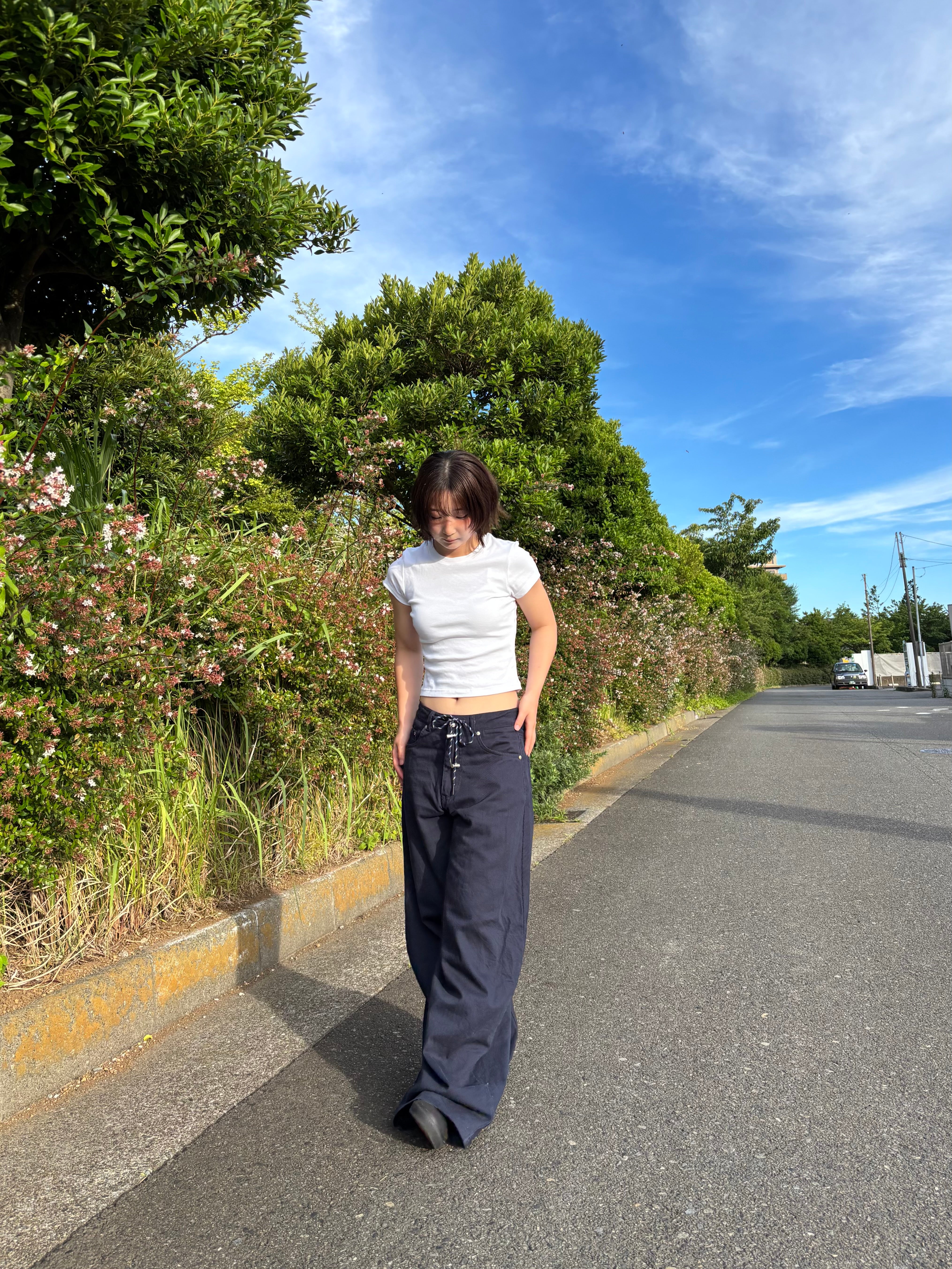 ネイビー・レースアップワイドパンツ KA001