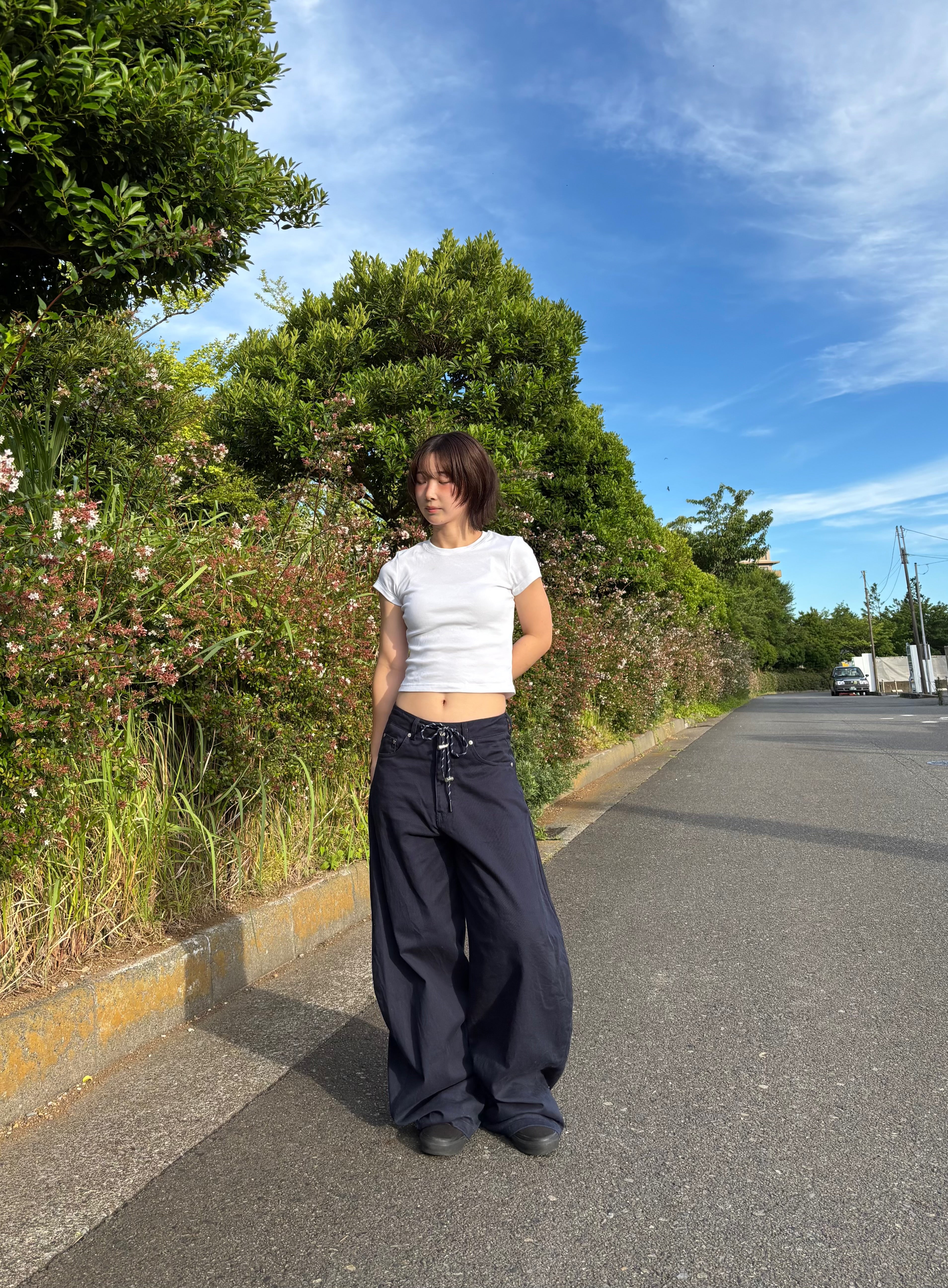 ネイビー・レースアップワイドパンツ KA001