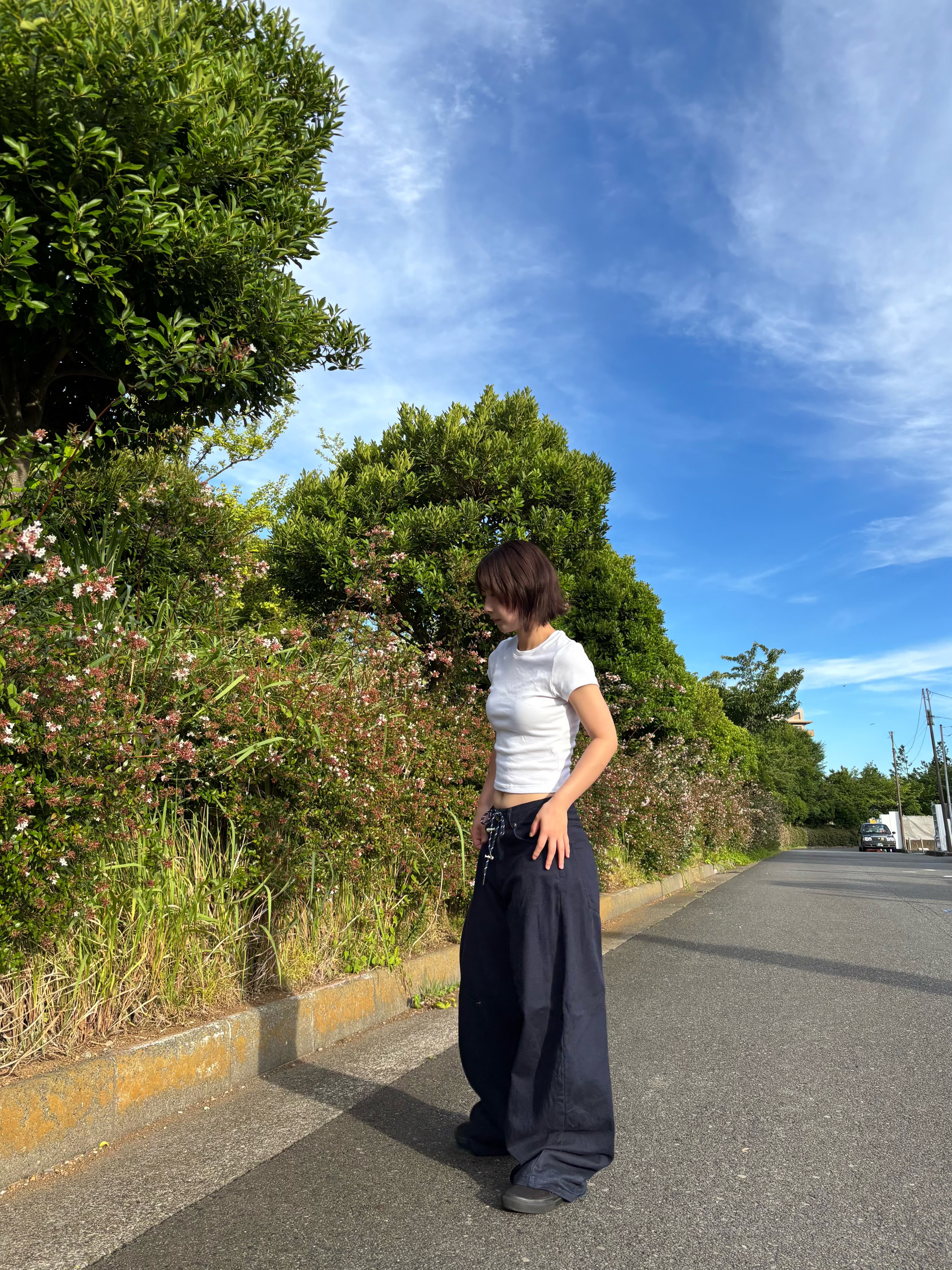 ネイビー・レースアップワイドパンツ KA001