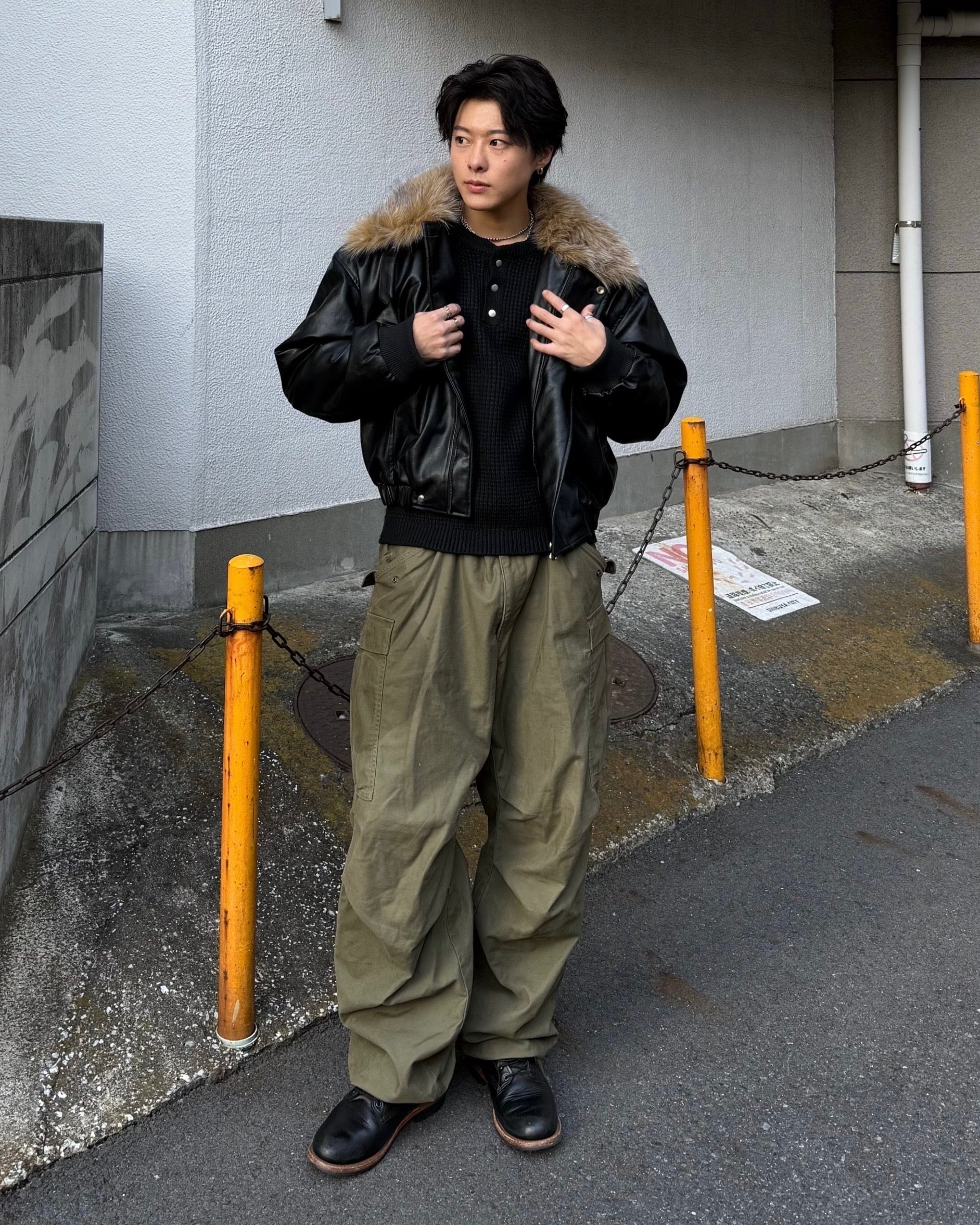 ビッグファーカラーヴィンテージPUレザージャケット KO-005