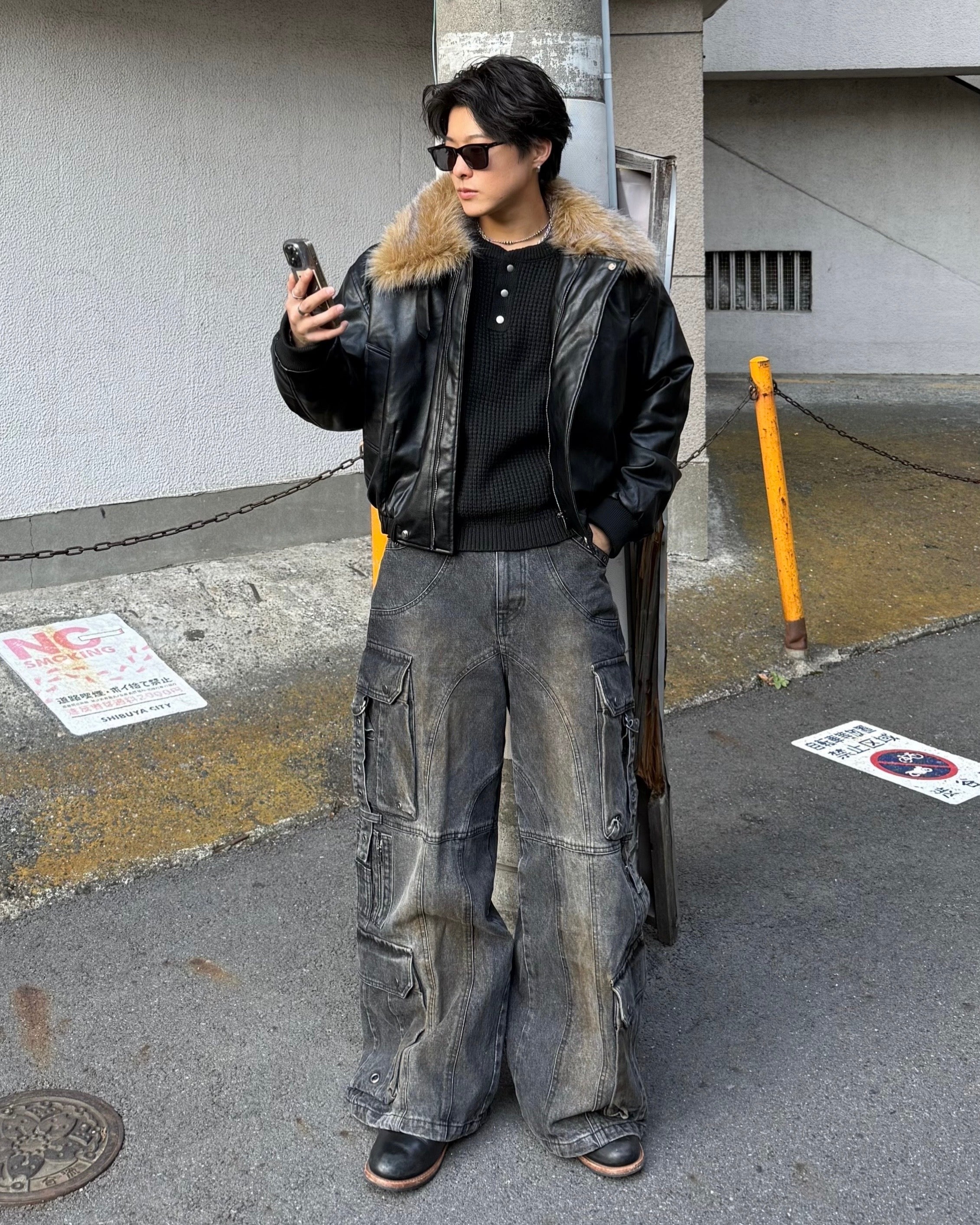 ビッグファーカラーヴィンテージPUレザージャケット KO-005